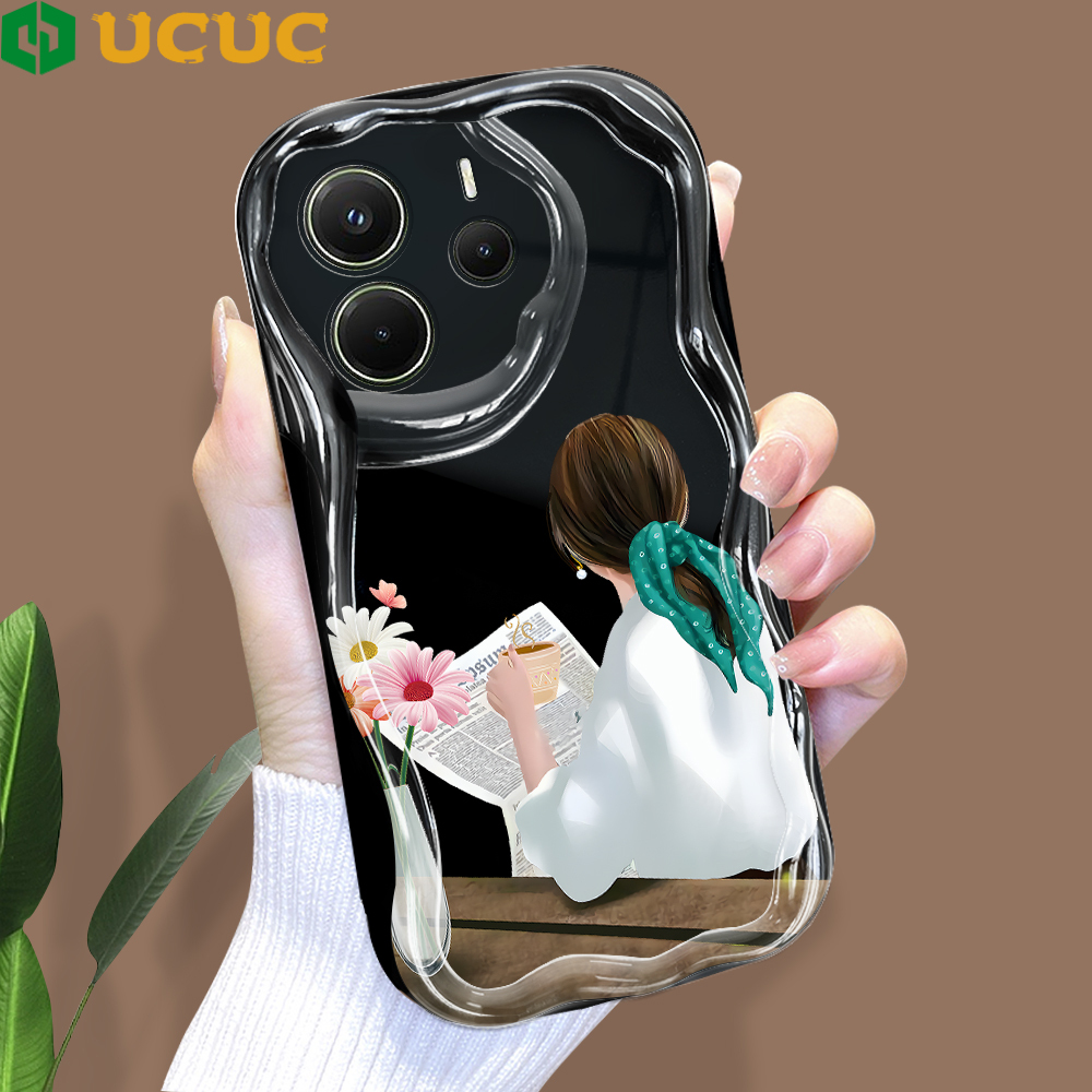 UCUC for Redmi Note 14 Note 14 Pro Note 14 Pro Plus 5G Xiaomi Poco X7 5G Back Cover Girl Drinking Tea Cream Texture Wavy Edge Soft Silicone Phone Case. 