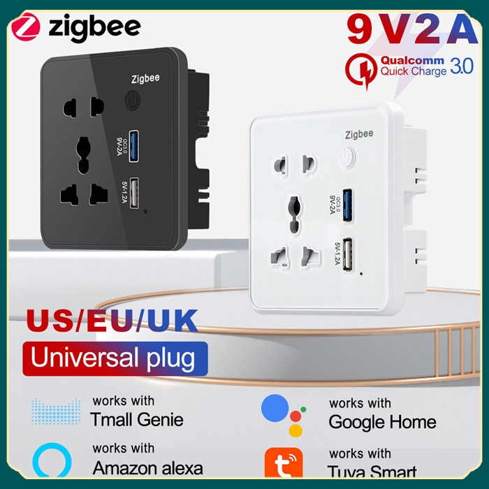 Zigbee Smart Socket Wall Switch with USB Charging Outlet Tempered Glass Timing App Remote Control Voice Control for Google Home Alexa Tmall Genie