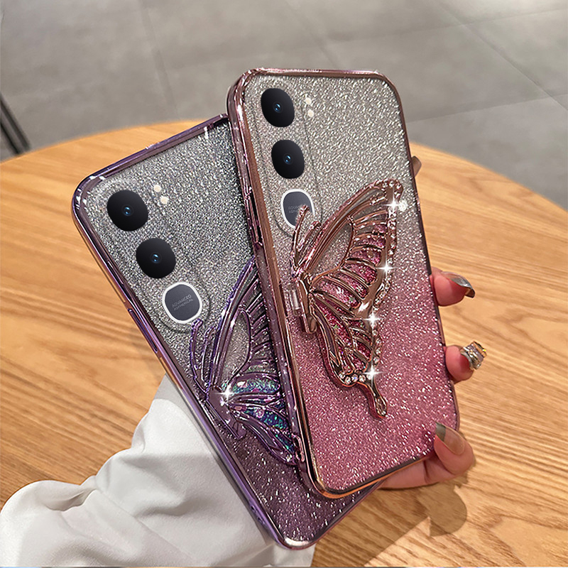 Phone case Vivo Y21D Y31 5G Back cover Diamonds butterfly holder shiny hourglass of quicksand transparent soft silicone For Vivo Y31 5G Y21D case.
