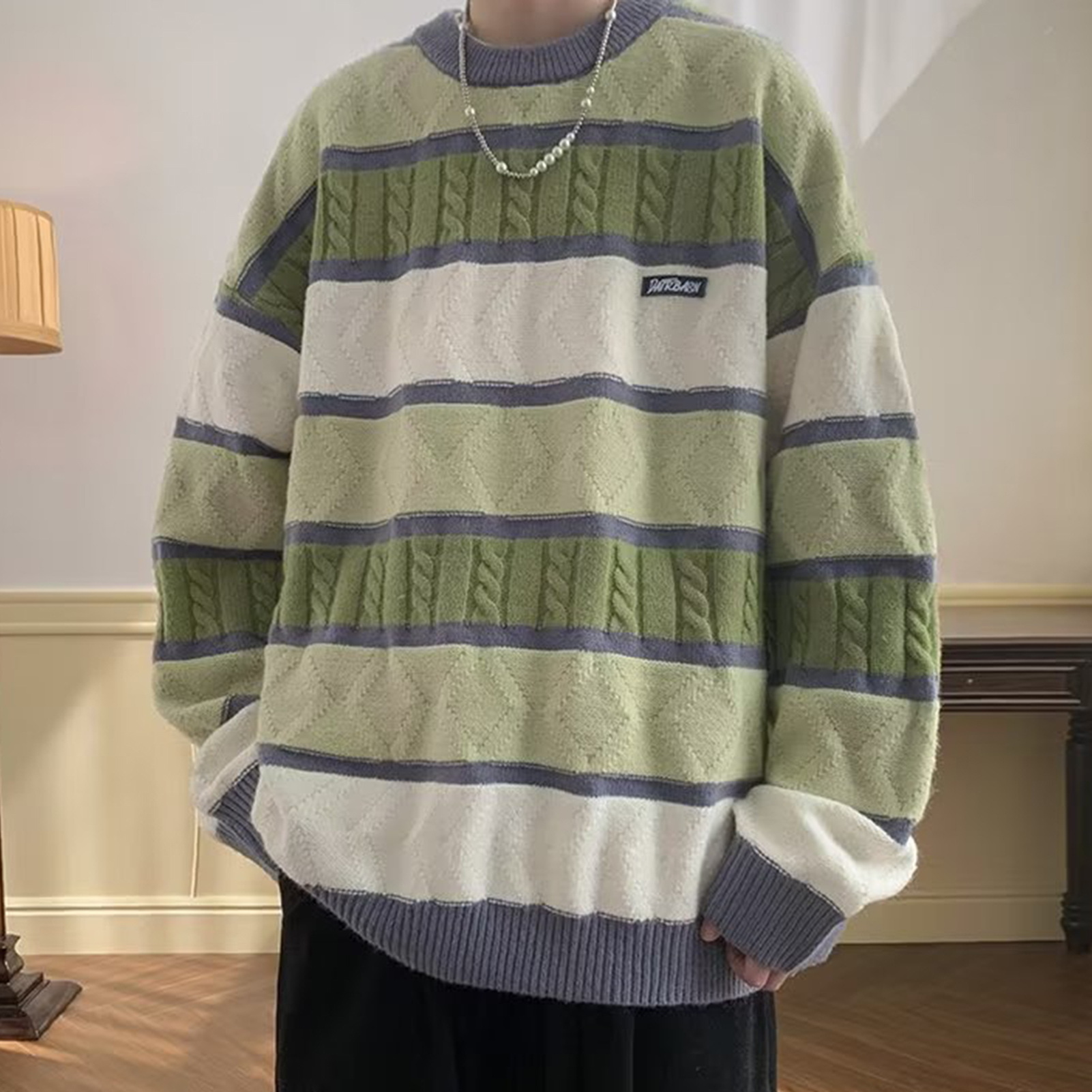 Men Sweater O-neck Knitting Pullover Men's Thick Striped Sweater Casual Winter Pullover with O-neck and Long Sleeves less Than