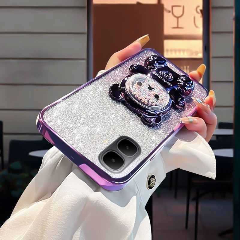 New Phone case infinix Smart10 Plus Back cover with Gradient 3D Bear Folding Stand Bracket Luxury Slim Plating Glitter Girls For infinix Smart 10+ case. 