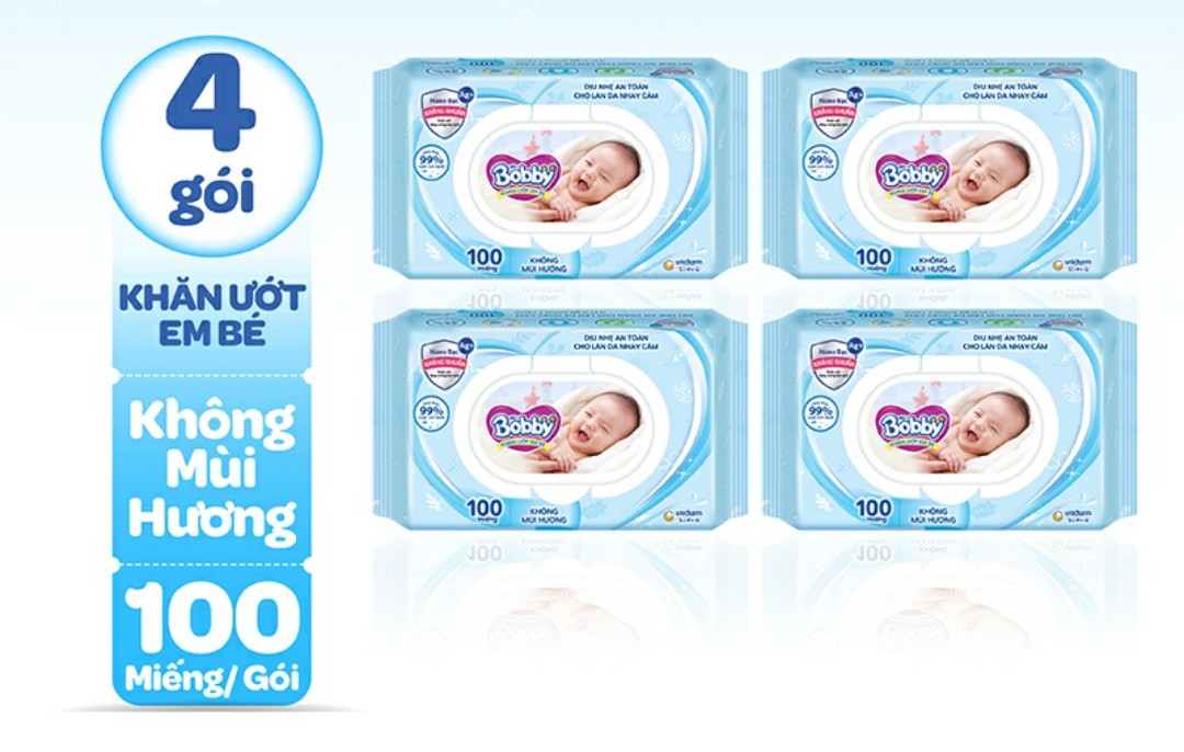 Date 2025-  Combo 4 Khăn ướt Bobby 100 tờ không mùi