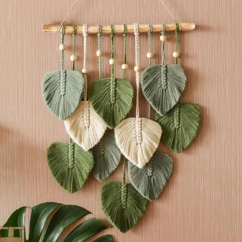 Chic Feather Boho Macrame Wall Decor Handmade Yarn Tassels Woven Wall Art Leaf Tapestry Decoration