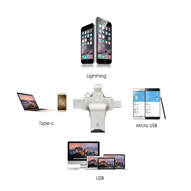 4 Trong 1 USB 3.0 Để Chiếu Sáng Loại C thẻ Micro TF Reader Micro Để Bộ chuyển đổi thẻ Micro SD USB OTG Một Để USB C Kết Nối Cho iPhone Realme Xiaomi