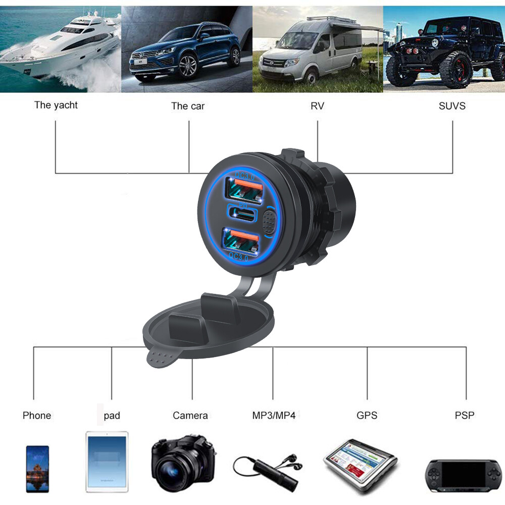 Bộ Sạc Xe Hơi Nhanh 3 Cổng 60W Ổ Cắm PD USB Type C Có Công Tắc Cảm Ứng Với Đèn LED Bộ Chuyển Đổi Xe Hơi Nhanh Cho Điện Thoại