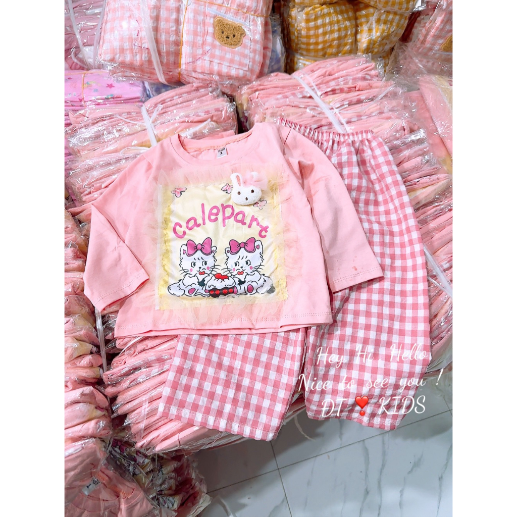 Sale bộ áo dài tay cotton quần karo bé gái