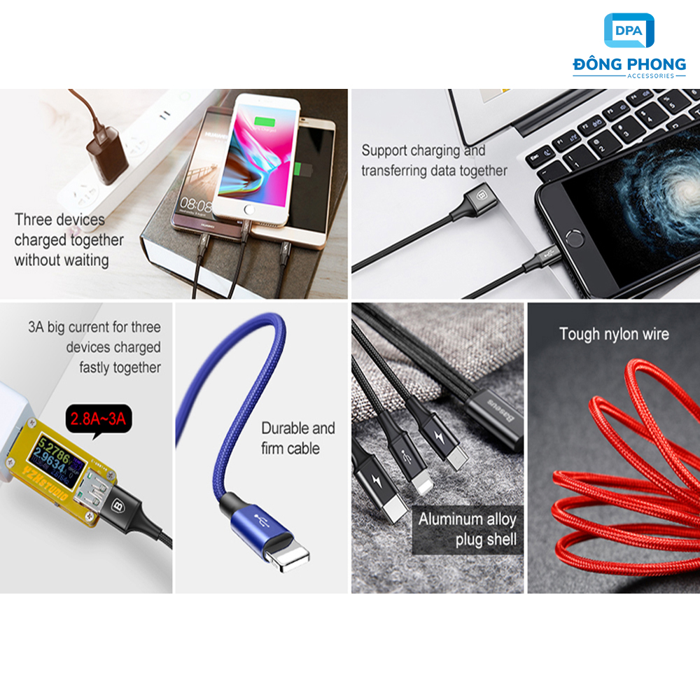 Cáp Sạc Đa Năng 3 Đầu Baseus Dây Dù Siêu Chắc Chính Hãng
