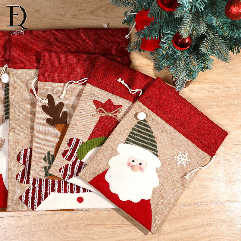 QFDI Santa Drawstring Cloth Bag Elk Candy Wrapping Bag Christmas Pendant Size Gift Bag Drawstring Candy Bag