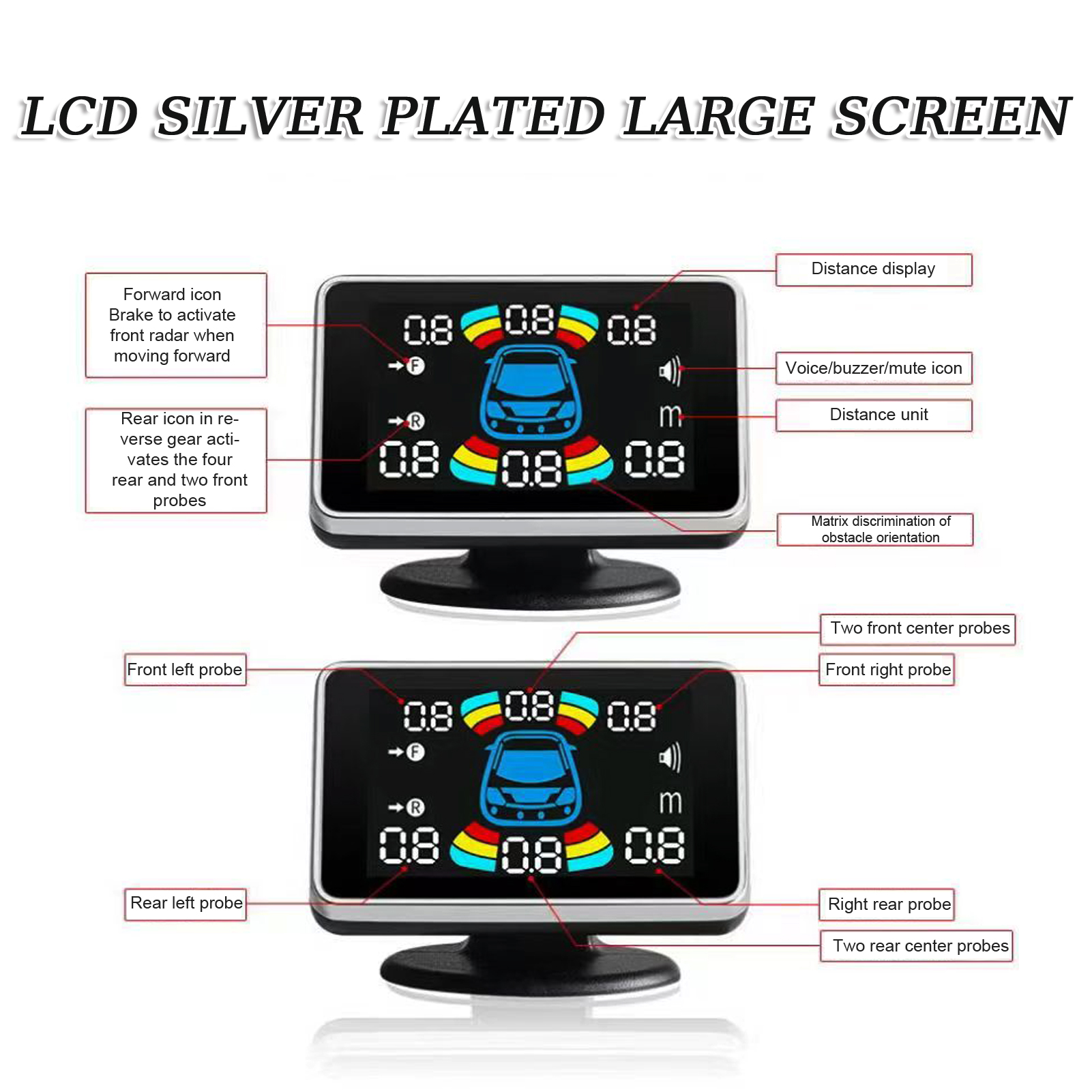 Car Parking Sensor Reversing Radars System Front & Rear Support Sound Warning/Buzzer/Mute with 8 Parking Sensors Distance Detection LCD Distance Display Volumes Adjustable