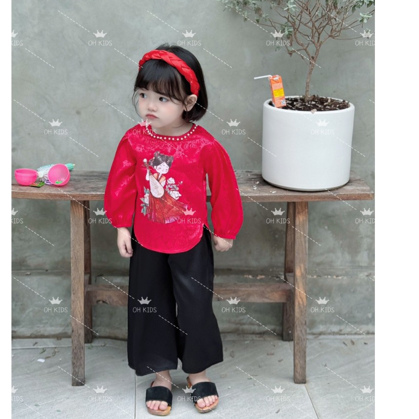 Set bà ba gấm đỏ quần lụa kèm mấn cho bé gái 8-18kg
