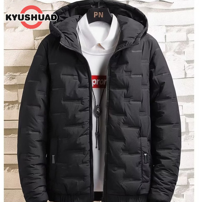 KYUSHUAD Men's black hooded thickened warm down jacket Solid color zippered casual cotton jacket
