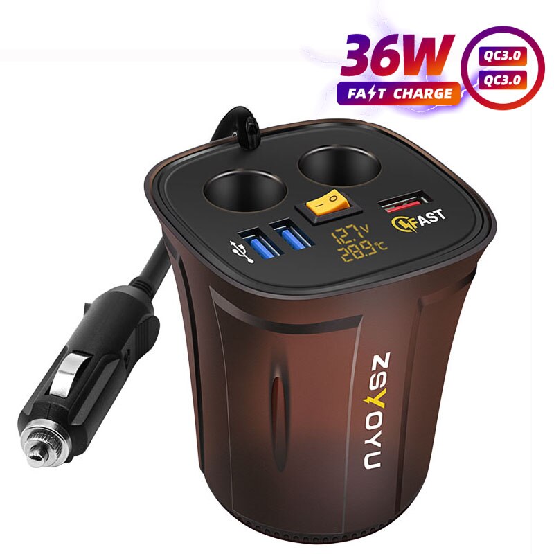 ZZOOI Fast QC3.0 USB Cup Holder Car Charger Adapter Voltmeter 12V Socket Display Temperature Waterproof power switch