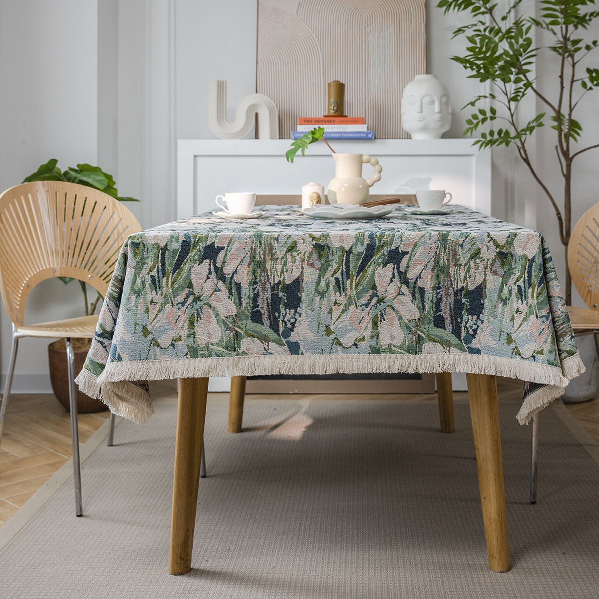 Bohemian Table Cloth Tea Table Decoration Flower/Butterfly Blue Jacquard Dining Tablecloth Rectangle Thick Table Cover For Kitchen Dining Room Party New Year Christmas Holidays Picnic Decoration