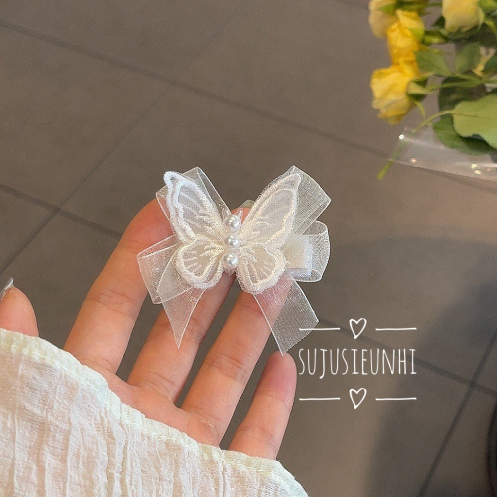 Kẹp tóc bướm thêu 2 lớp kèm nơ vải voan đính hạt xinh xắn dễ thương