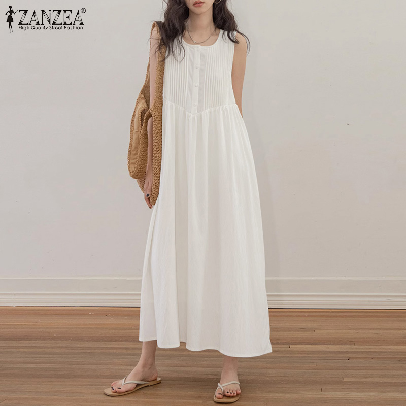 ZANZEA%20Korean%20Style%20Women's%20Dresses%20New%20Fashion%20Sleeveless%20Round%20Neck%20Pleated%20Casual%20A-Line%20Dress%20-%20Image%203