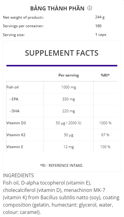 Ostrovit Omega 3 D3 + K2 ( 180 viên ) Hỗ Trợ Sức Khoẻ, Đề Kháng
