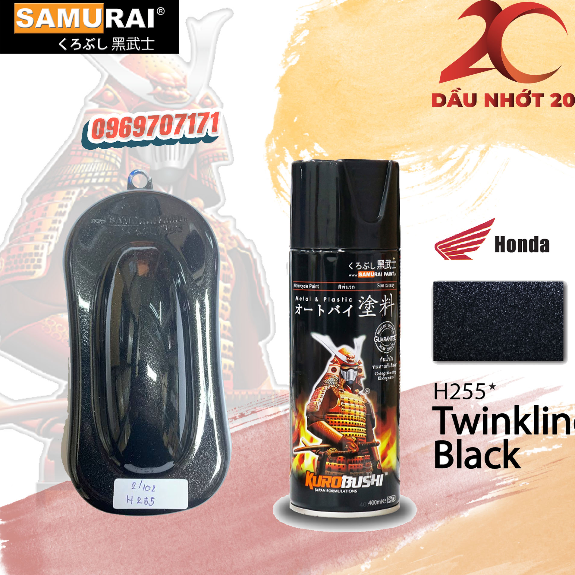 H255 _ Sơn xit Samurai H255 màu đen nhánh Honda _ Twinkling Black_ Tốt, giá rẻ, ship nhanh
