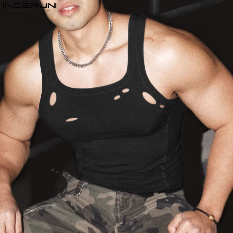 INCERUN Muscle Fit Tanks For Man Hollow Street Style Solid Sleeveless ...