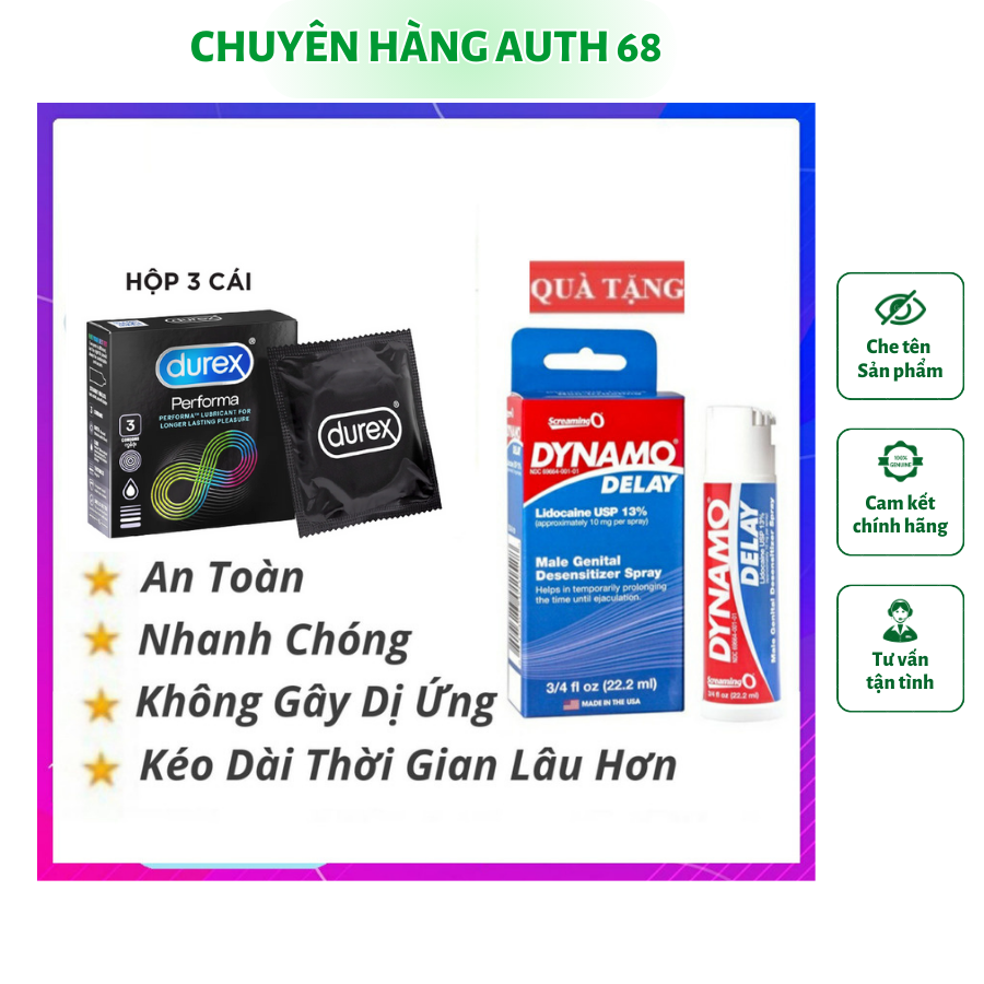 Bao cao su Durex + Xịt Dynamo delay 22.2ml, Kéo dài thời gian quan hệ