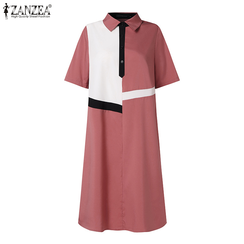 ZANZEA%20Korean%20Style%20Women's%20Dresses%20New%20Fashion%20Casual%20Short%20Sleeve%20Lapel%20Contrast%20Color%20Midi%20Shirt%20Dress%20-%20Image%206