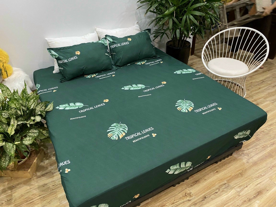 (FreeShip MAX) Bộ ga gối bọc Ô lá Xanh