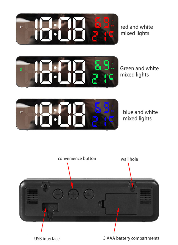 Clock Multi-functional LED alarm clock Simple mirror clock living room wall clock