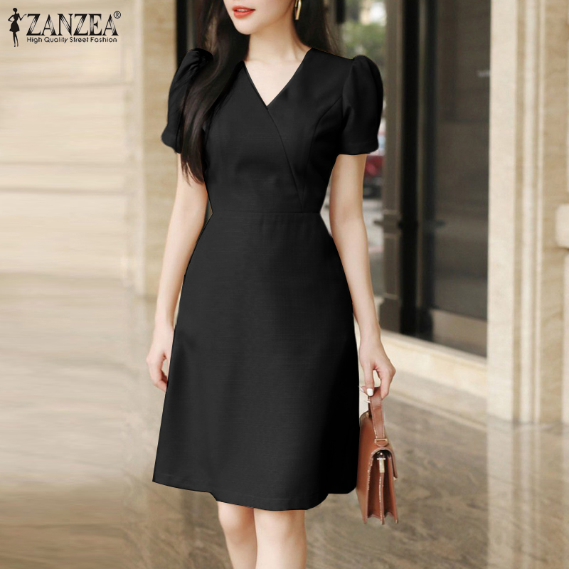 ZANZEA%20Korean%20Style%20Womens%20Elegant%20Party%20Puff%20Sleeve%20V-Neck%20Sundress%20Plain%20Mini%20Dresses%20Red%20Dress%20-%20Image%209