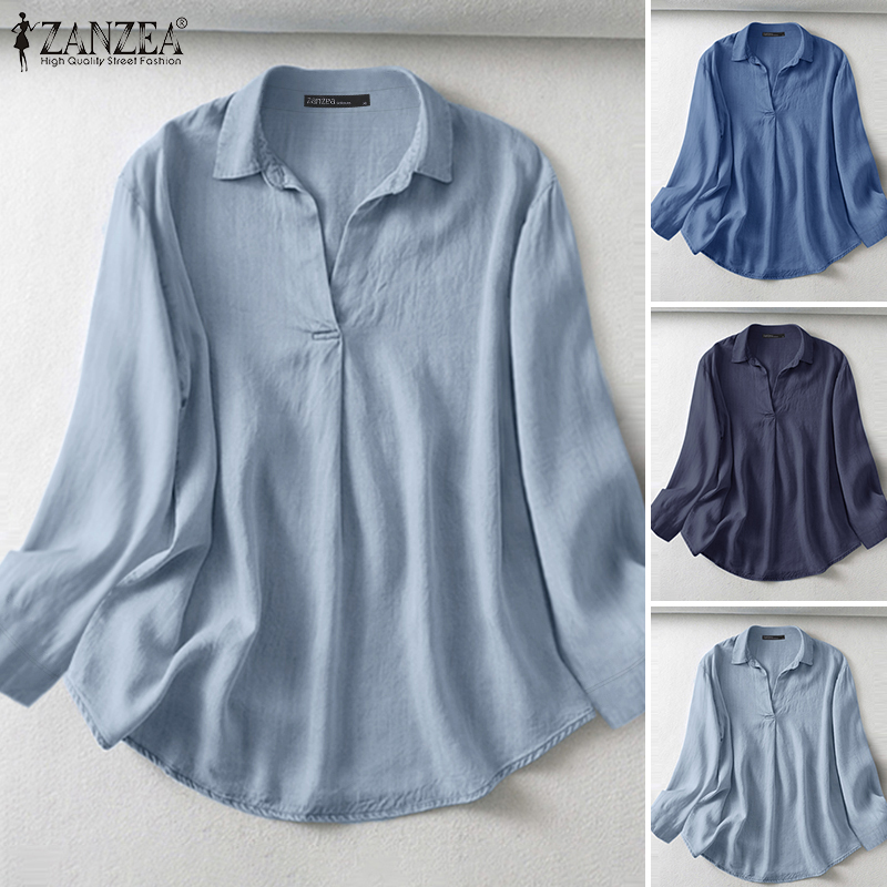 ZANZEA%20Women's%20Shirts%20Vintage%20Casual%20Lapel%20Long%20Sleeve%20Button%20Cuffs%20Solid%20Blouses%20Top%20-%20Image%204