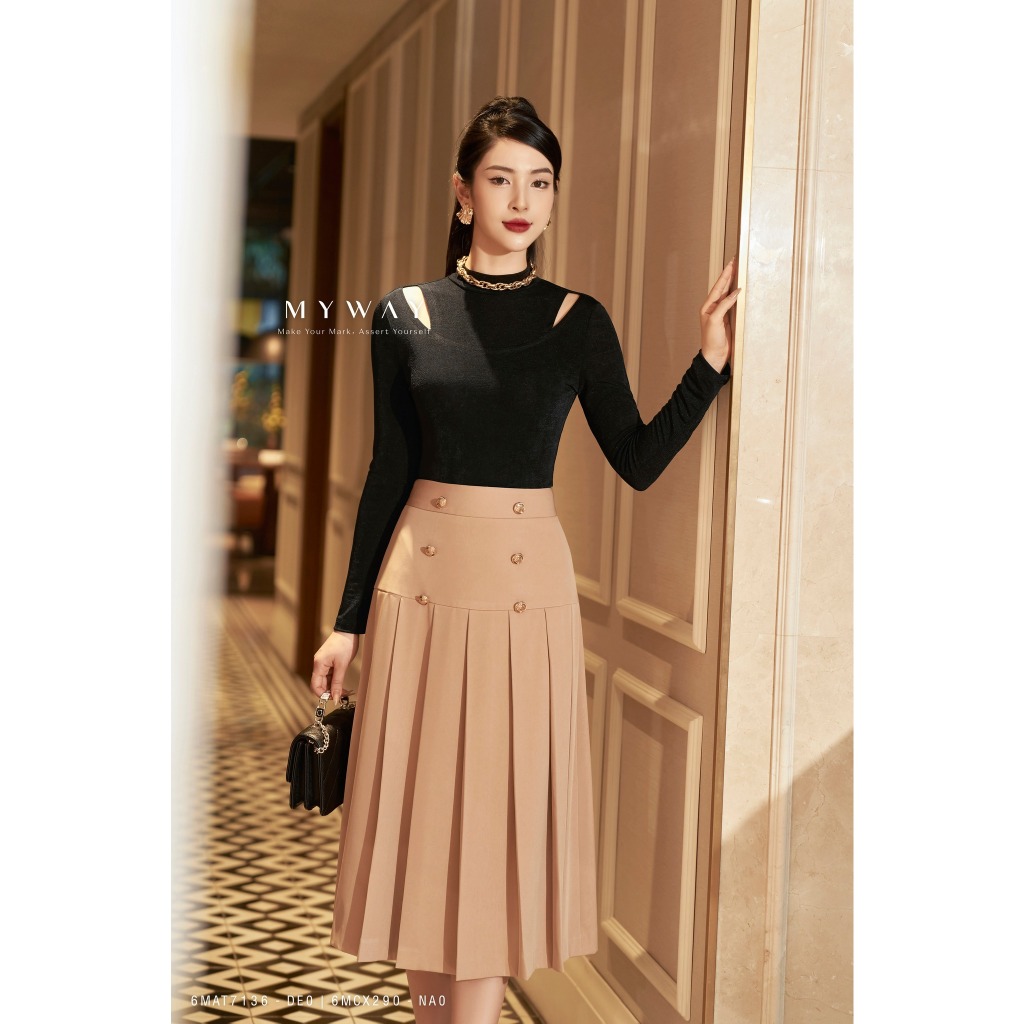 Chân váy xòe xếp ly nữ my way cạp cao phối cúc sang trọng 6mcx290