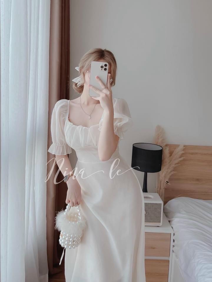 [miễn phí ship] Đầm tiểu thư cổ vuông , đầm công chúa tay phồng, đầm nữ dự tiệc chất liệu voan chinfon cao cấp