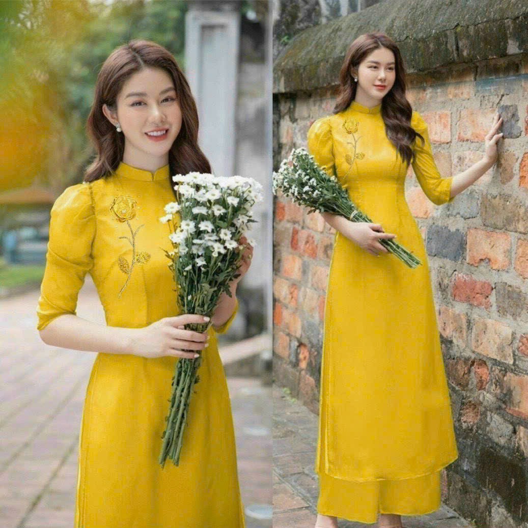 Set Bộ Áo Dài Lụa 4 Tà Nàng Thơ Thêu Cườm Hoa Hồng Ngực Cao Cấp Có Size To BY2129