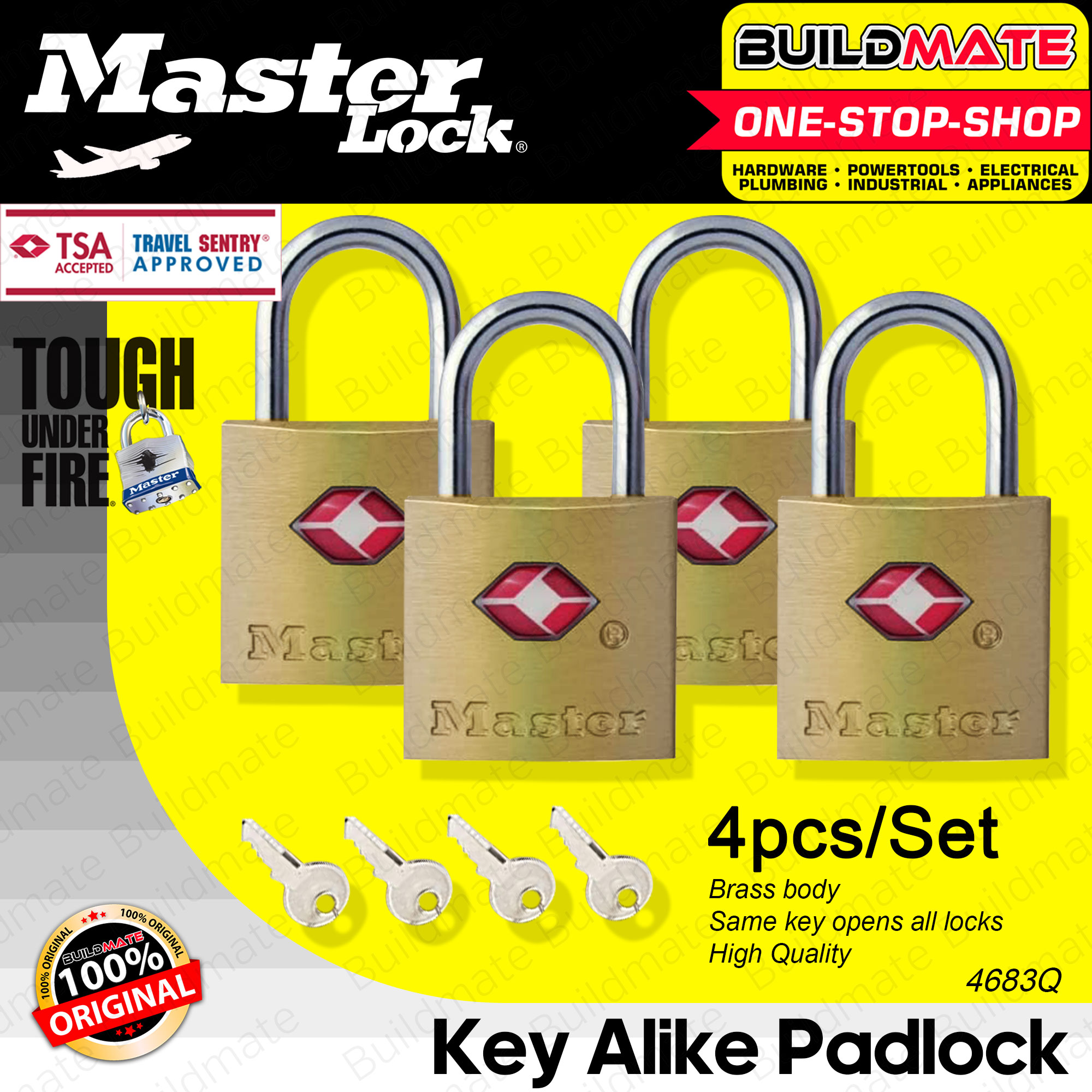 MASTER LOCK TSA Key Alike Brass Padlock 4683Q 4 pcs x 20MM BUILDMATE