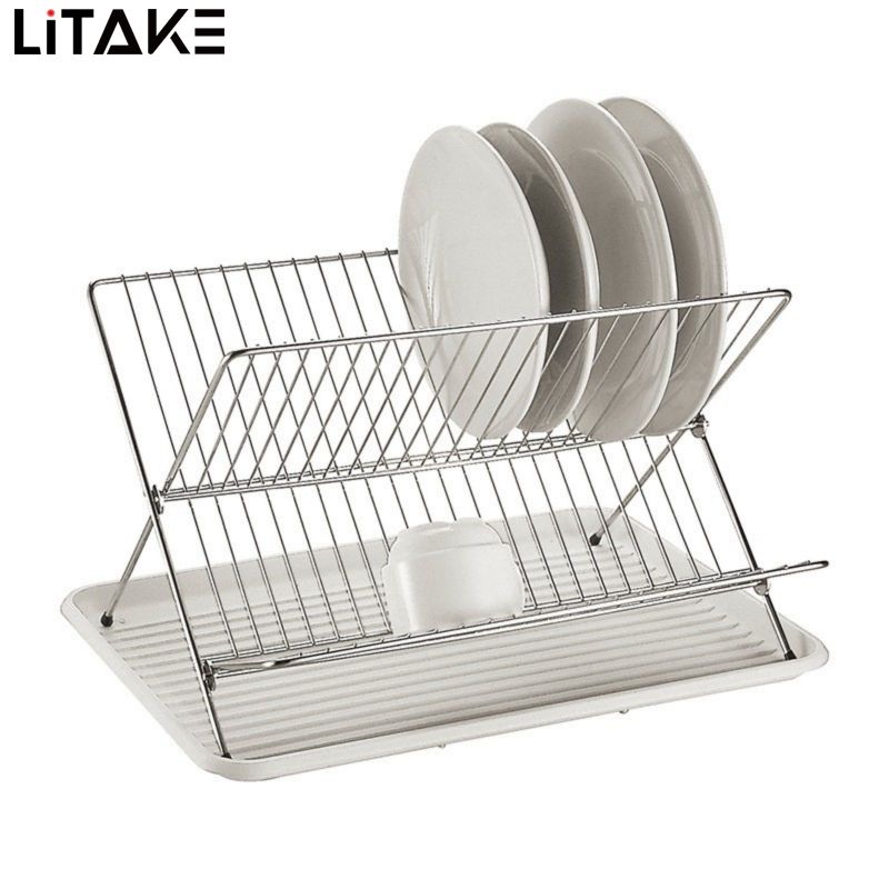 Foldable Dish Drying Rack With Drip Tray, Stainless Steel 2 Tier Dish ...