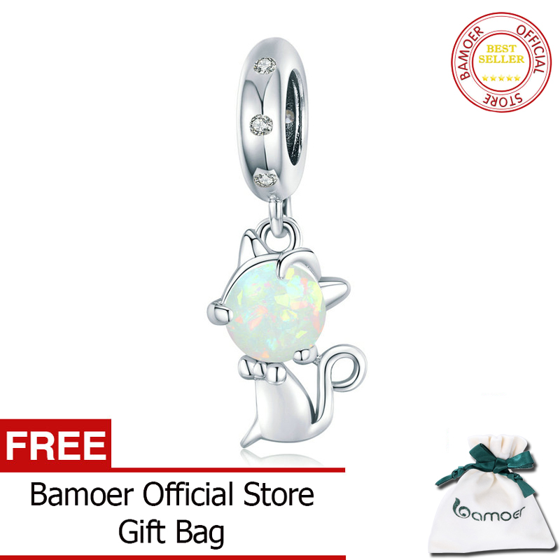 BAMOER Genuine 925 Sterling Silver Opal Cat Animal Pendant Charm fit Original Bracelet or Necklace DIY Jewelry Making BSC235