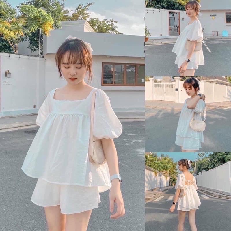 Sét bộ Đũi Cổ vuông nơ lưng áo babydoll phù hợp mọi vóc dáng