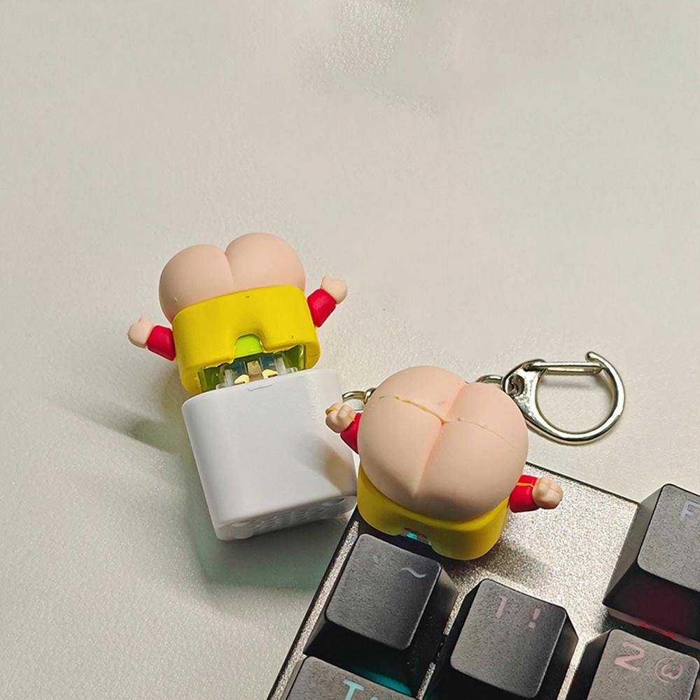 Creative Butt Keychain Crayon Shin-Chan Butt Keychain That Makes Sound And Lights Up When Pressed Replaceable Shaft Keycap Cute Wooden Fish Crayon Shin-Chan Butt Keychain