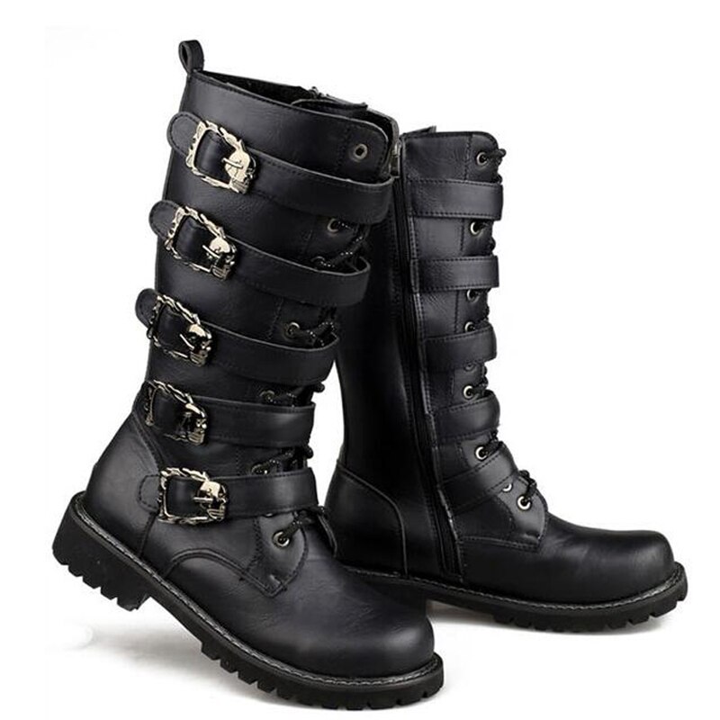 Winter Men Motorcycle Boots 2018 Fashion Mid-Calf Punk Rock Punk Shoes Mens PU Leather Black High Top Casual Boot Man