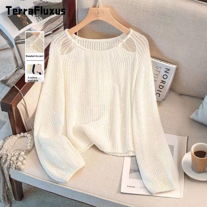 TerraFluxus   Áo Dệt Kim Mẫu Mới Mùa Xuân Hè Hở Vai Cổ Tròn Trang Phục Nữ Áo Cánh Mẫu Ngắn Trẻ Trung Đính Hạt Rỗng Rộng Rãi Ngọt Ngào