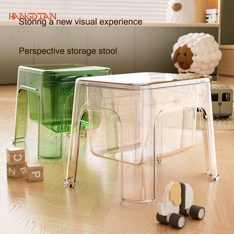 Plastic bench Storage plastic cabinet Multifunctional storage stool Transparent shoe changing stool Household thickening Storage bucket
