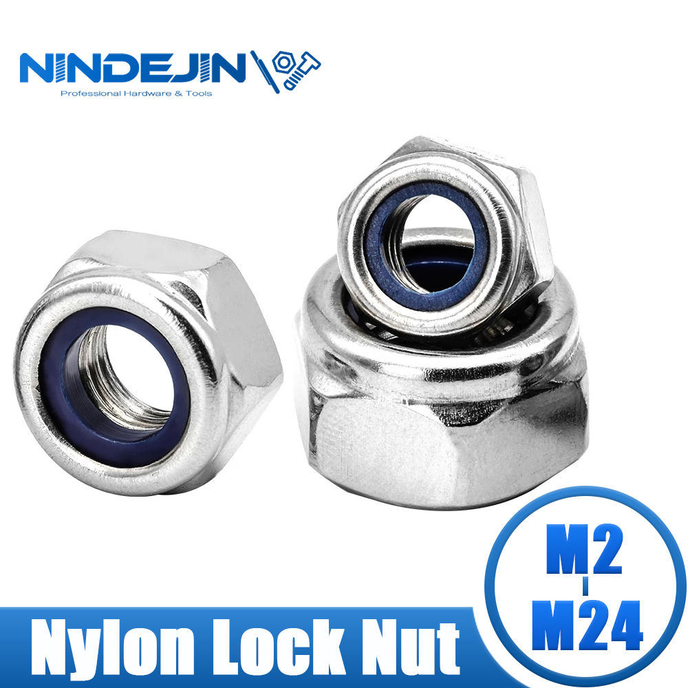 NINDEJIN Nylon Lock Hex Nut 304 Stainless Steel DIN985 M2/M2.5/M3/M4