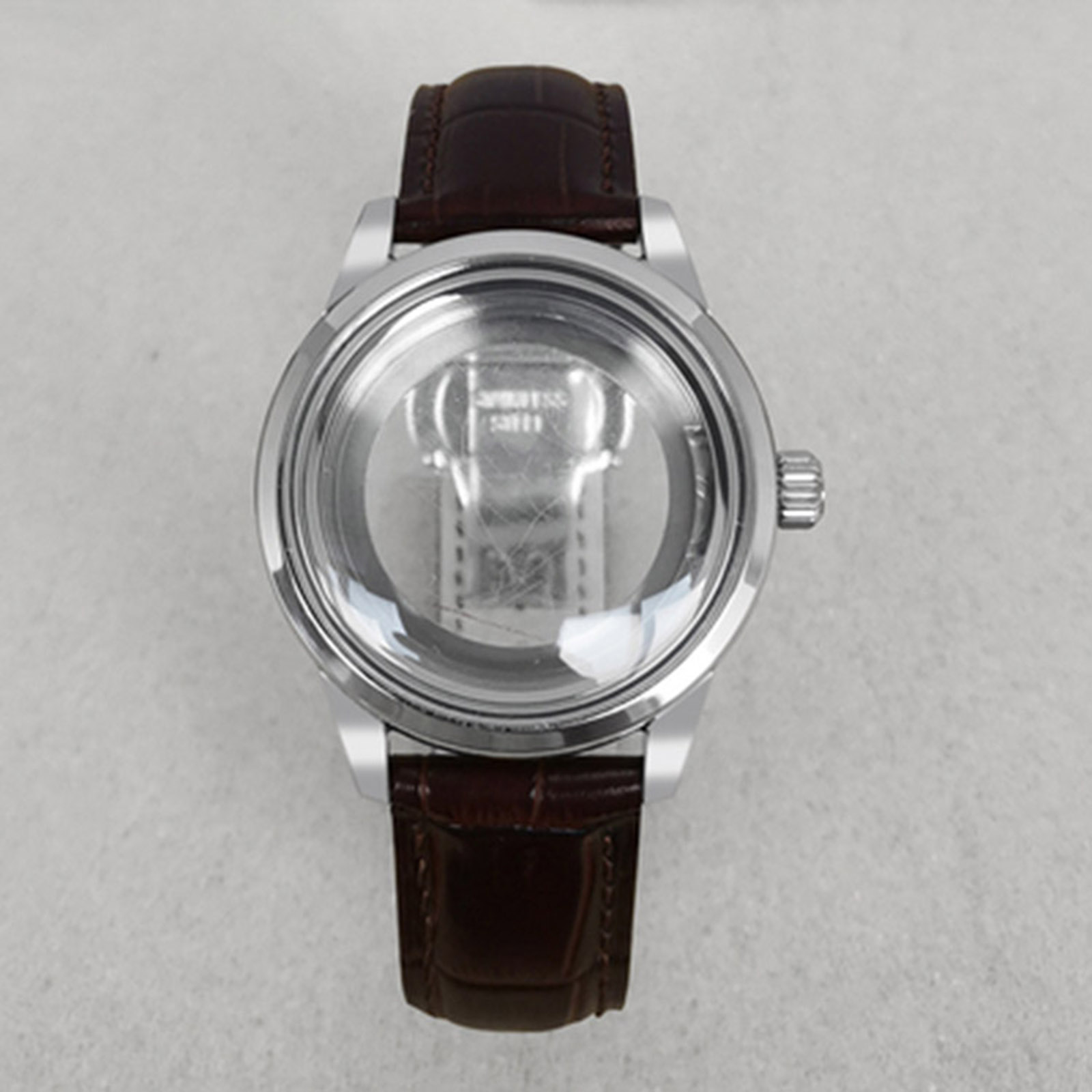 39MM Transparent Bottom Watch Case + Butterfly Double Clasp Leather Strap Watch Replacement Accessories For NH35/NH36 Movement