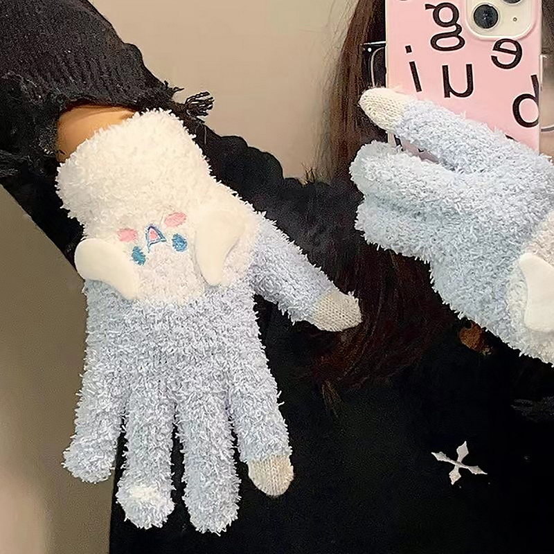 Cute Sanrio Kuromi Melody Gloves Plush Coral Winter Warm Gloves Pochacco Cute Gloves Student Cycling Five-finger Gloves Bayline.