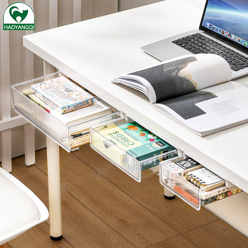Storage box Invisible storage box under the desk Drawer type punch-free plastic covered Desktop storage box Office stationery shelf Dust prevention Storage box Hide the storage box