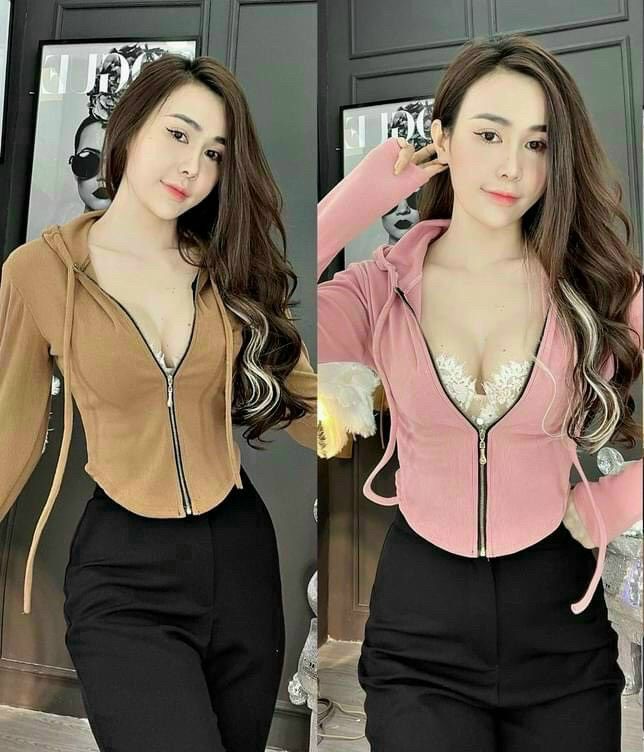 Áo khoác thun gân nữ khoá kéo may kèm nón siêu hot.