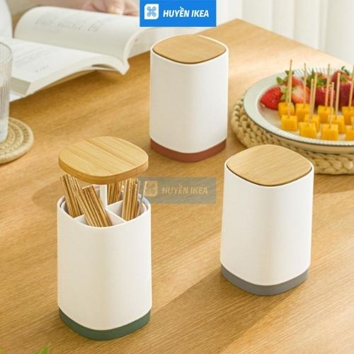 Lọ hộp đựng tăm nắp gỗ nhấn