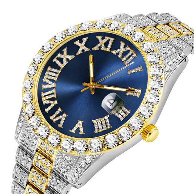 【Exclusive Offer】Stylish Diamond-encrusted Roman numeral steel strap watch for men, featuring a daily calendar quartz movement and a starry sky design. A trending product for modern gentlemen..