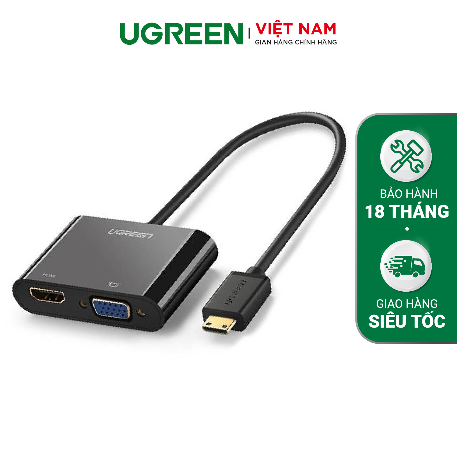 Bộ chuyển đổi HDMI UGREEN CM101 Chuyển sang HDMI/VGA (hỗ trợ nguồn 5V + Audio 3.5mm) dài 30cm - Hàng phân phối chính hãng - Bảo hành 18 tháng 1 đổi 1