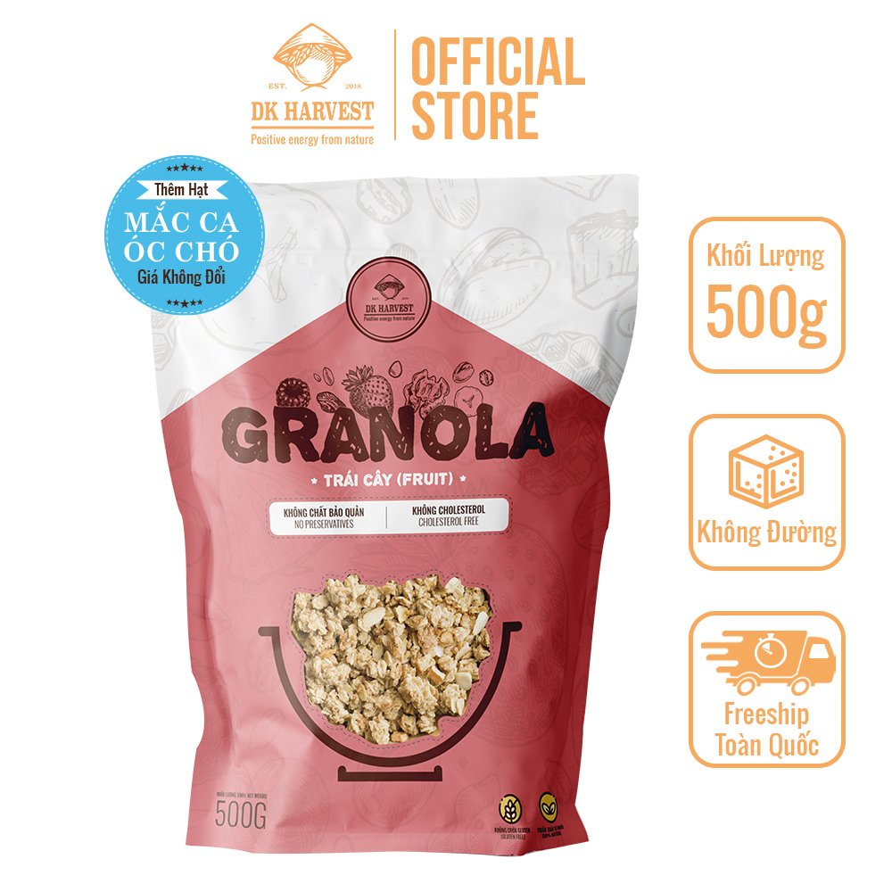 [FREE SHIP] 500g Granola Ngũ Cốc Ăn Sáng DK Harvest – Không Đường – Vị Trái Cây – Túi 500g – 7 loại hạt