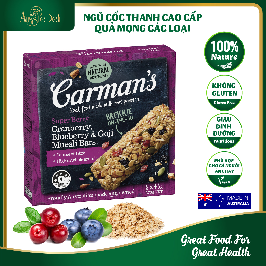 Thanh ngũ cốc ăn kiêng Carmans Super Berry Muesli Bar Cranberry Blueberry Goji - 270g, chất lượng đảm bảo an toàn đến sức khỏe người sử dụng, cam kết hàng đúng mô tả thumbnail