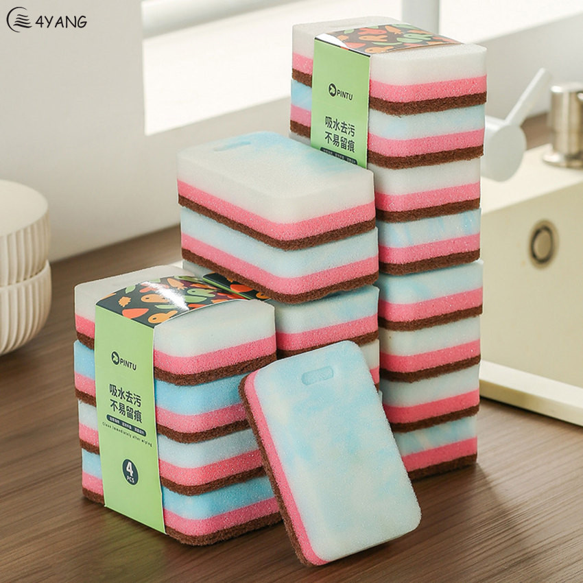 4pcs Double-sided Cleaning Sponges Pan Pot Dish-Washing Sponges Household Scouring Pad Kit Tools Kitchen Tableware Brush